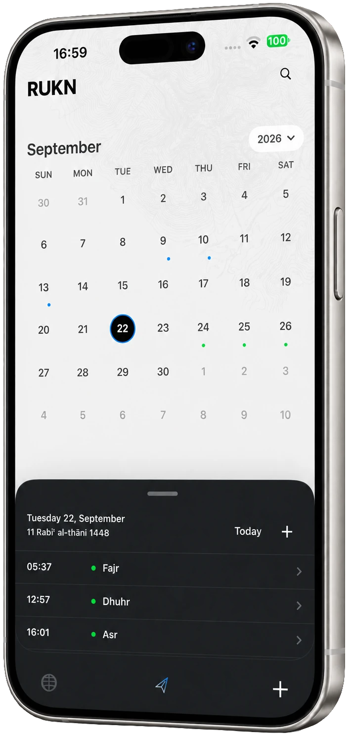 RUKN Calendar screen on a silver iPhone