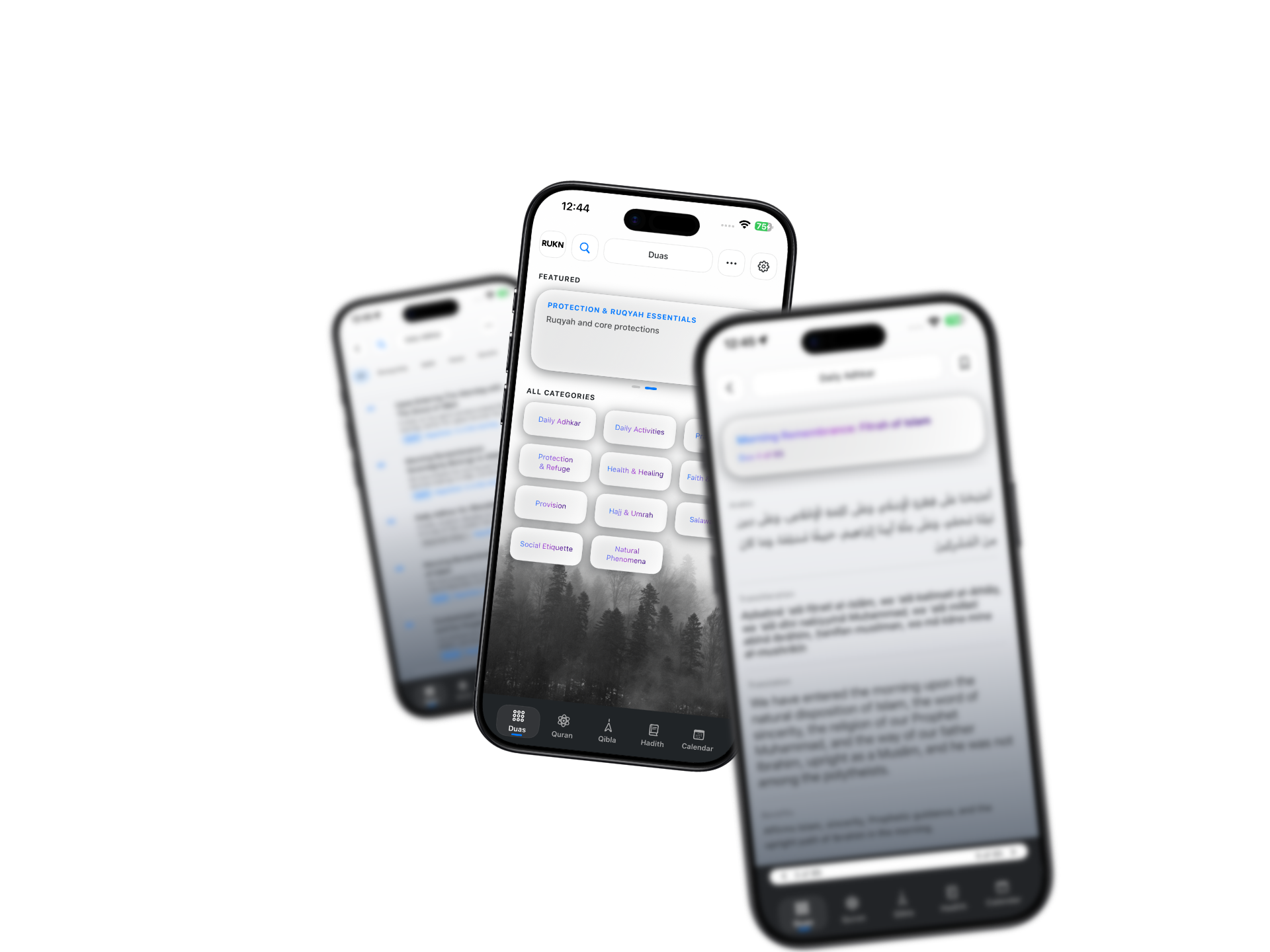 RUKN Duas screens showing dua categories, protection and ruqyah essentials, and Arabic dua text on iPhone