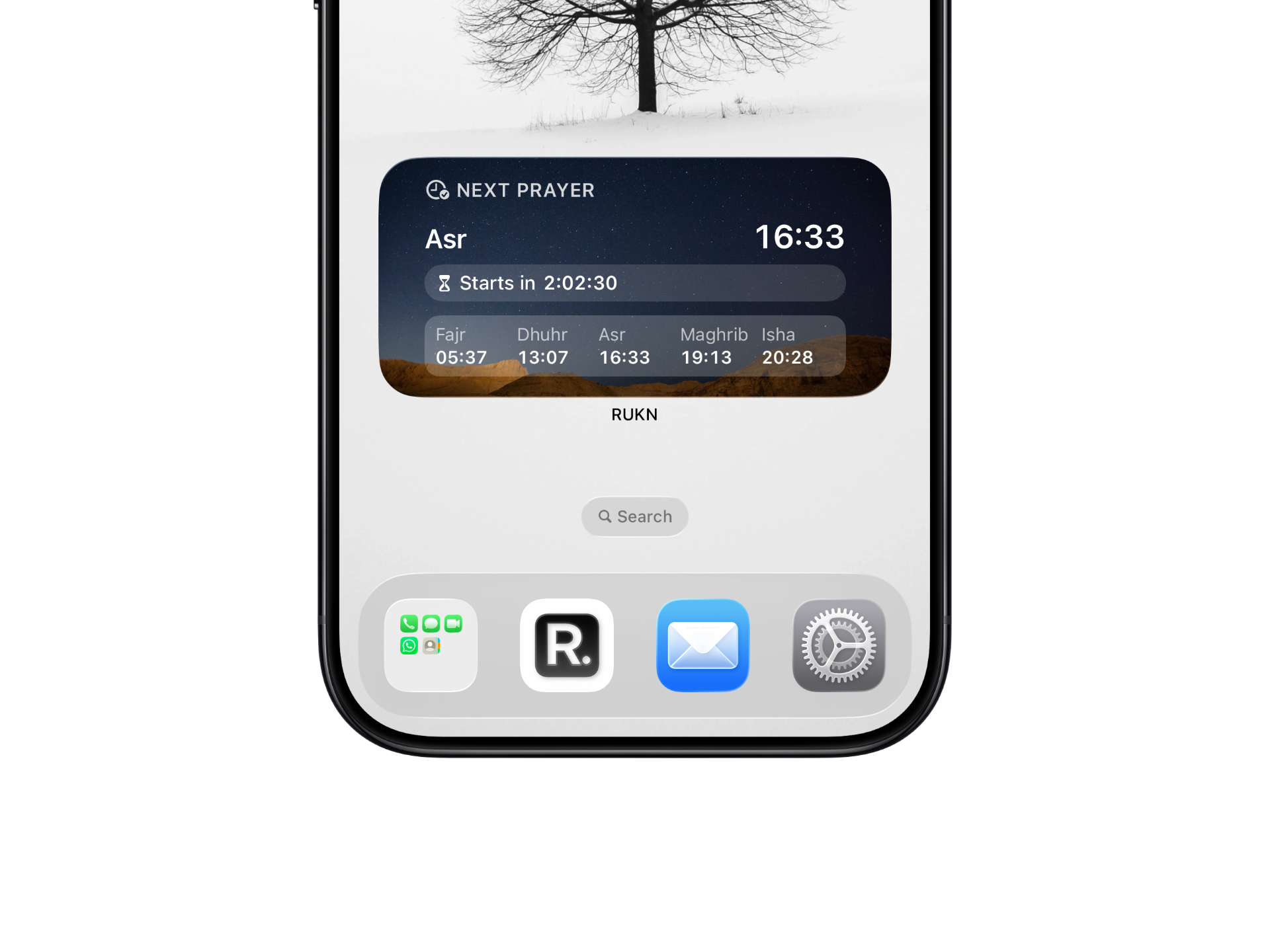 RUKN next prayer widget showing Asr time, countdown, and daily solat times on iPhone home screen
