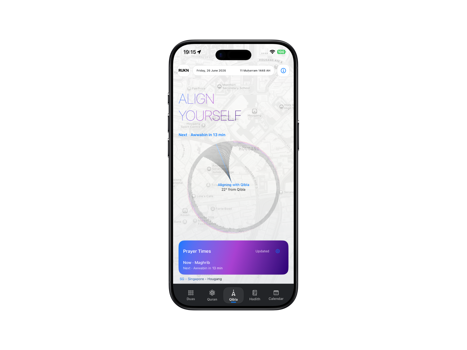 RUKN Qibla direction screen showing map-based Qibla alignment and prayer time context on iPhone