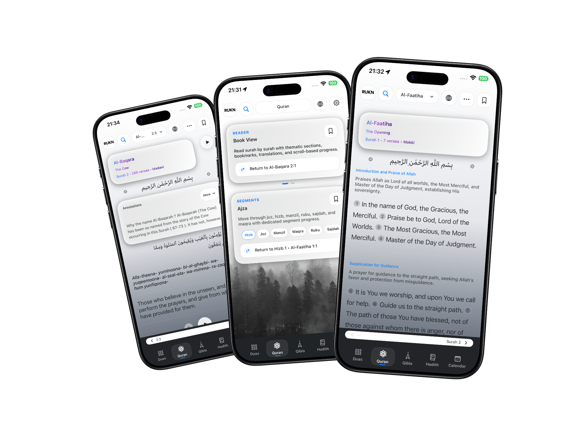 RUKN Quran reading screens showing surah view, reader settings, translations, and bookmarks on iPhone