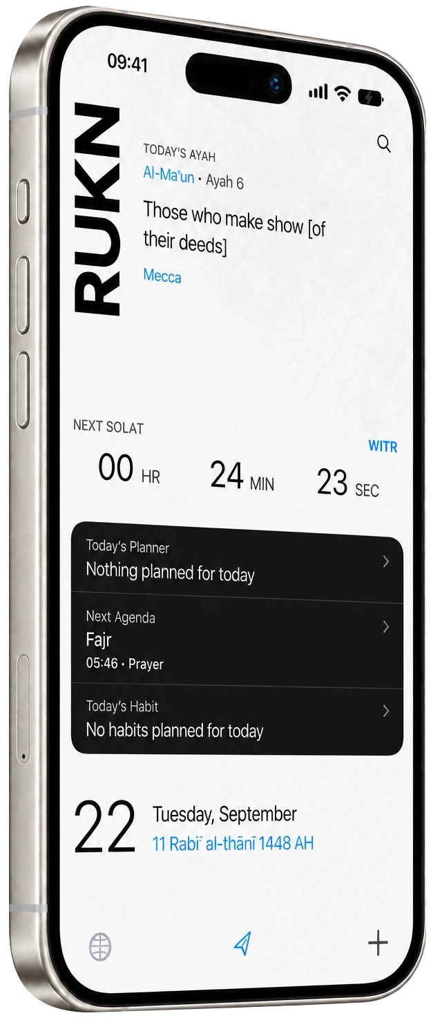 RUKN on iPhone showing the next solat countdown alongside the daily agenda