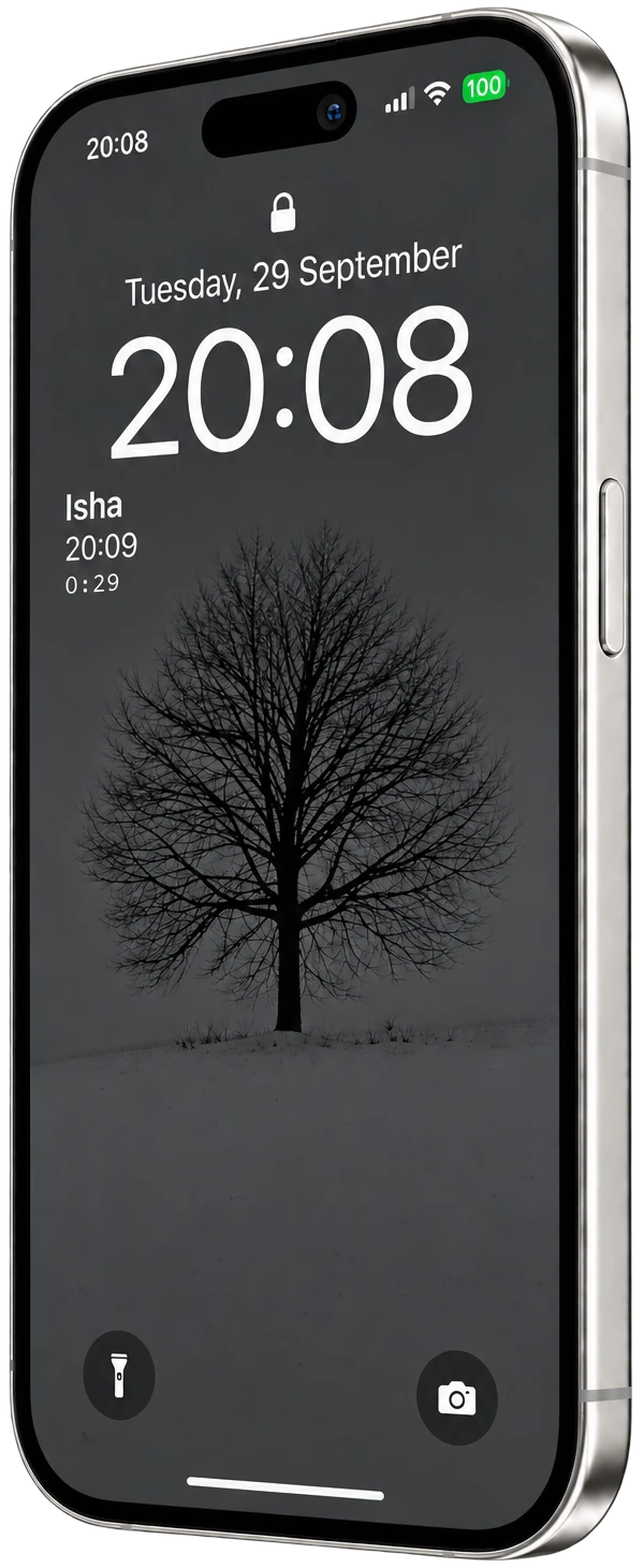 Illustrated iPhone Lock Screen preview of RUKN’s Next Prayer widget showing the prayer name, time and countdown