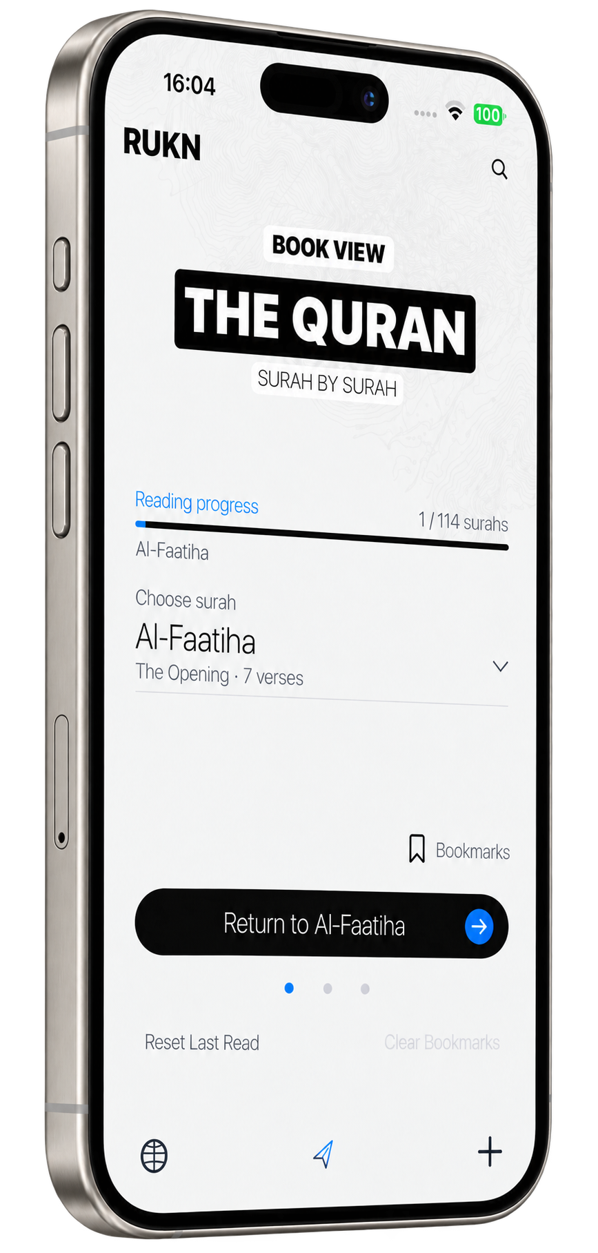 RUKN Book view showing surah selection and saved Quran reading progress