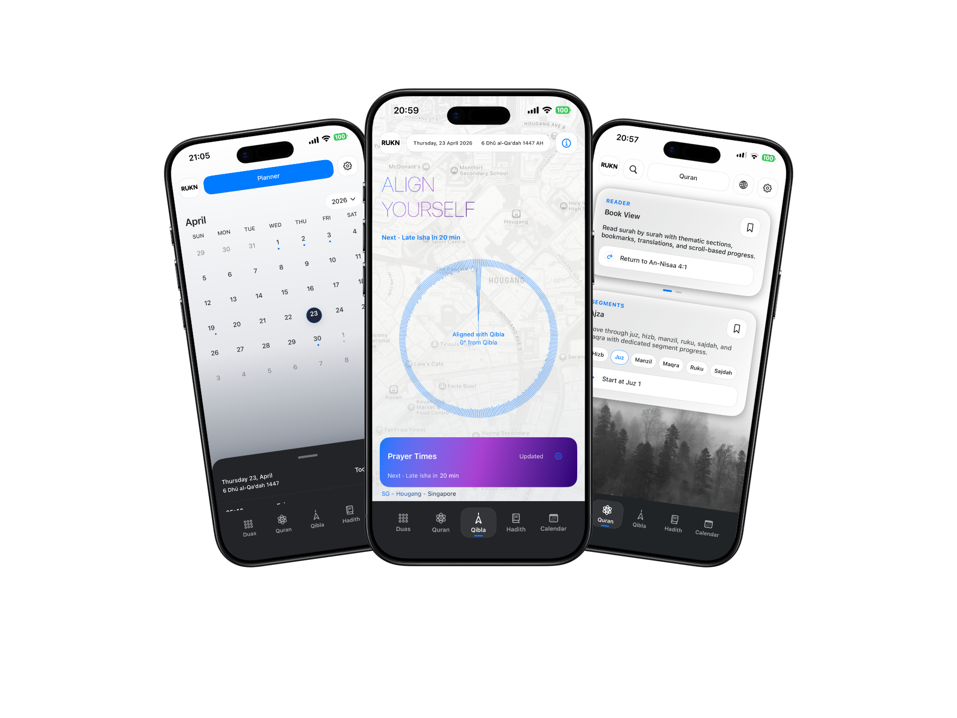 Three RUKN app screens showing calendar, qibla, and Quran views.